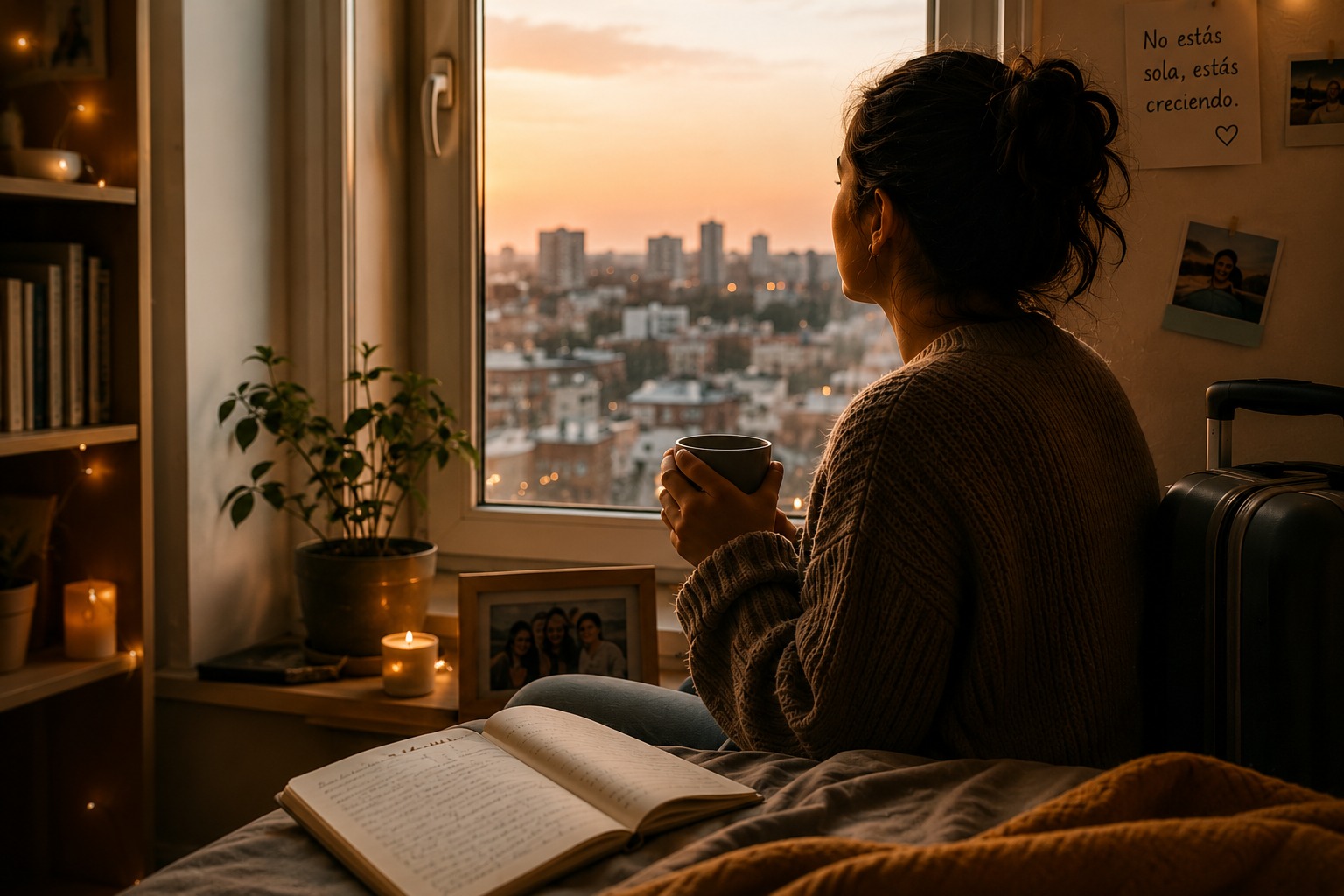 Mujer mirando el atardecer desde la ventana, con un diario abierto, una vela y una nota que dice 'No estás sola, estás creciendo'